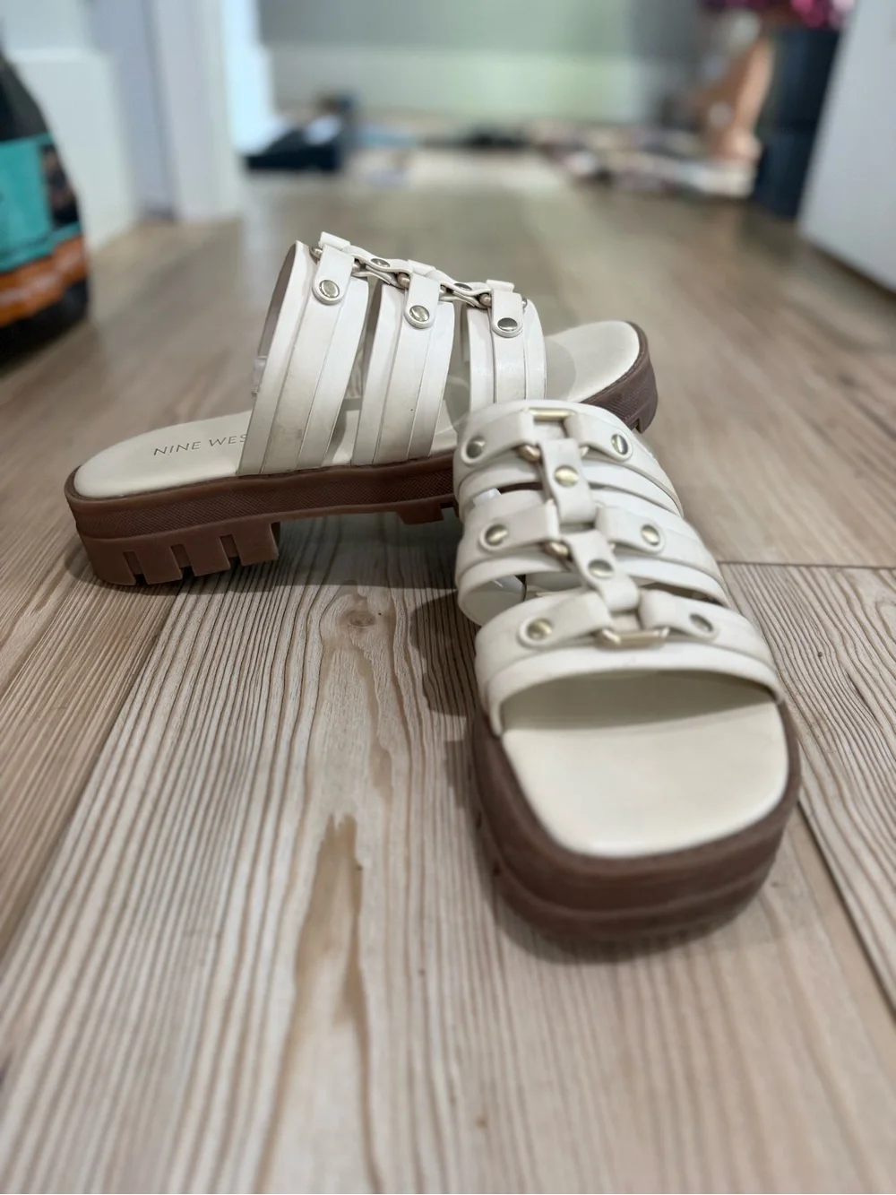 Nine‎ West Cream Strappy Stud Platform Slide Sandals